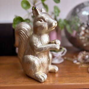 Gold ceramic squirrel with sparkle ear - indoor/outdoor